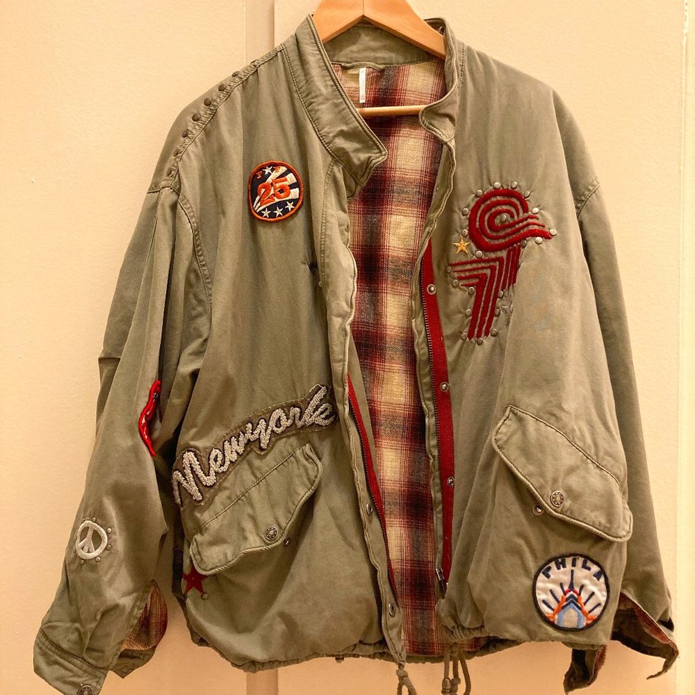 Free People Oversized Military/Army Jacket with Patchwork